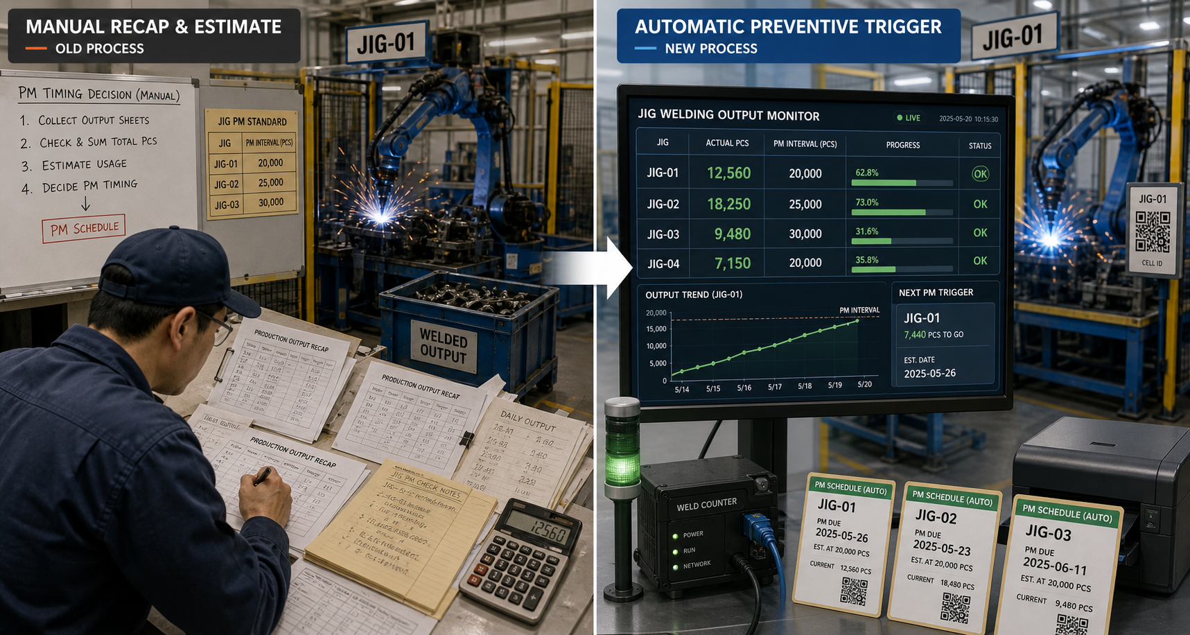 Illustration of APJM replacing manual engineering recap of welding output with automatic preventive trigger by jig PCS accumulation
