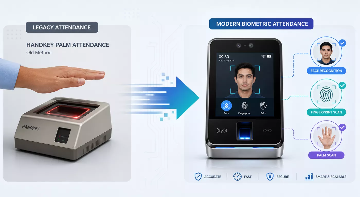 Migration illustration from legacy handkey palm attendance to modern biometric attendance with face, fingerprint, and palm scan